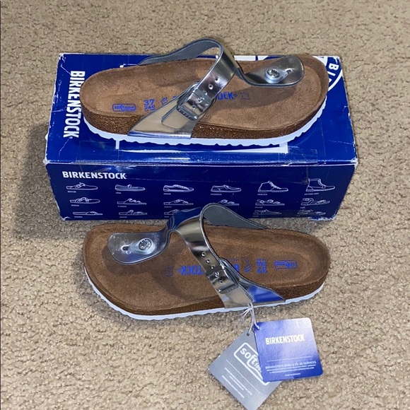 Birkenstock Shoes - Birkenstock Gizeh Silver Natural Leather Size 6